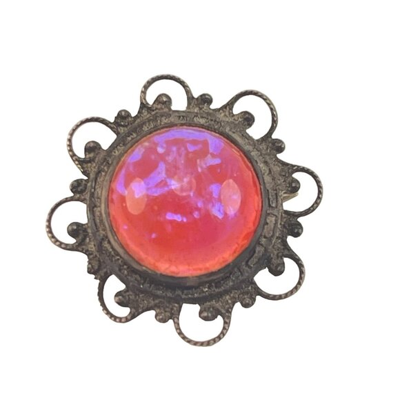 Dragons Breath Pin Brooch Antique Sterling Silver Scrollwork Round Cabochon Ston - Picture 4 of 7